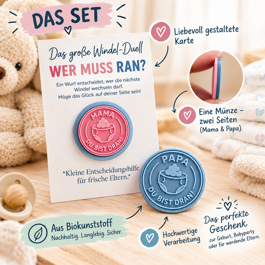 XL Windelmünze I Entscheidungsmünze Windeln wechseln | Witziges Geschenk zur Geburt & Babyparty | Zweifarbig aus Biokunststoff