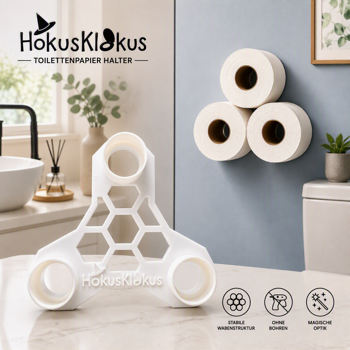 Schwebender Toilettenpapierhalter ohne Bohren – Magische Klopapier Aufbewahrung zum Kleben – Hokusklokus