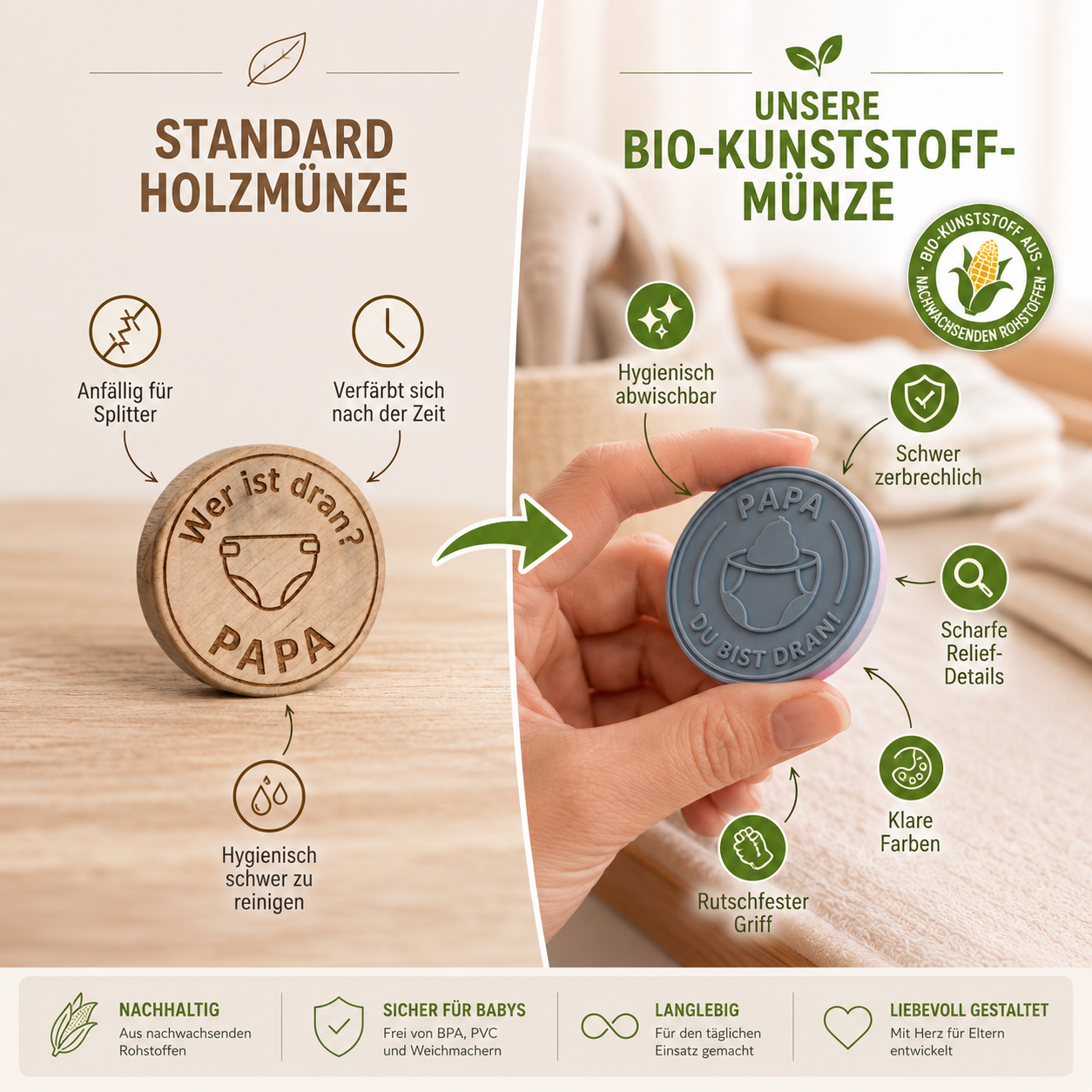 XL Windelmünze I Entscheidungsmünze Windeln wechseln | Witziges Geschenk zur Geburt & Babyparty | Zweifarbig aus Biokunststoff