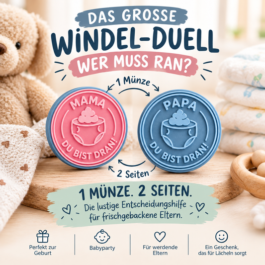 XL Windelmünze I Entscheidungsmünze Windeln wechseln | Witziges Geschenk zur Geburt & Babyparty | Zweifarbig aus Biokunststoff