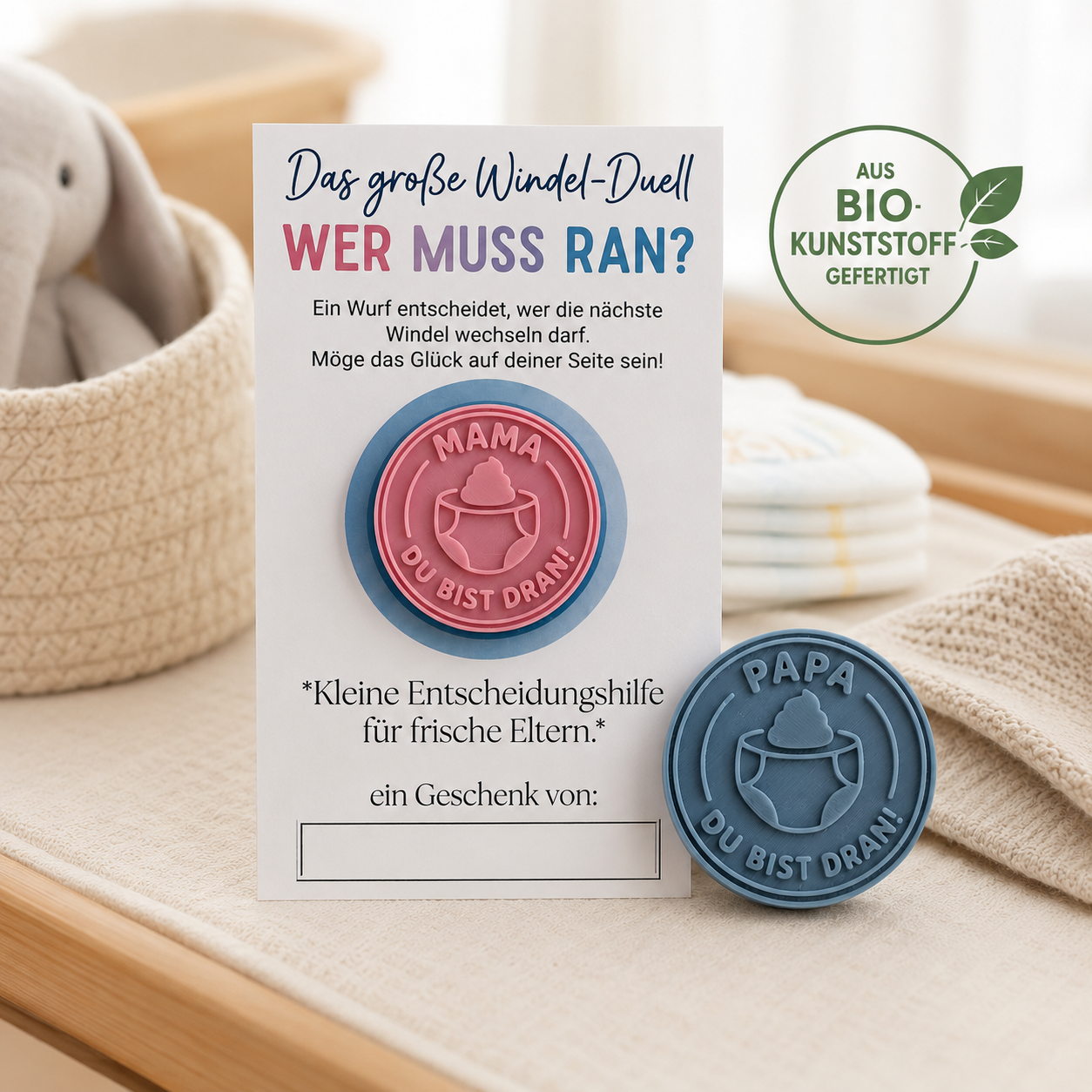 XL Windelmünze I Entscheidungsmünze Windeln wechseln | Witziges Geschenk zur Geburt & Babyparty | Zweifarbig aus Biokunststoff