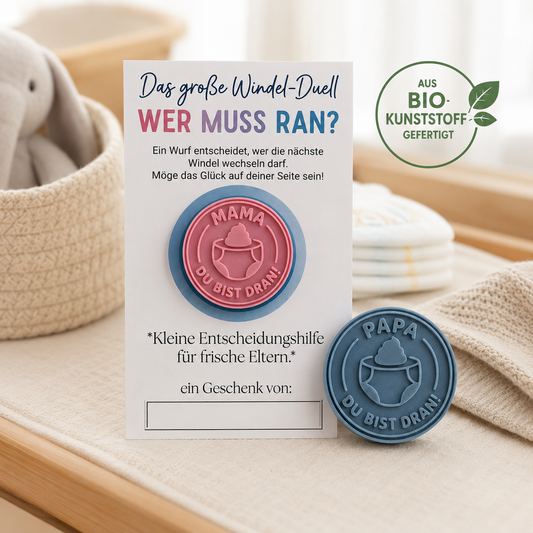 XL Windelmünze I Entscheidungsmünze Windeln wechseln | Witziges Geschenk zur Geburt & Babyparty | Zweifarbig aus Biokunststoff